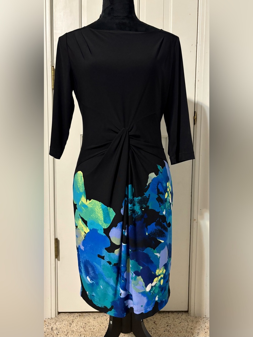 TAHARI  Black Dress with Blue Floral Print